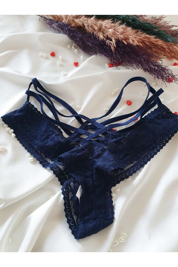 Masara Model  Dantelli Tanga String  Esnek Ve Yumuşak Kumaşlı Külot Lacivert Renk 0030 - 1
