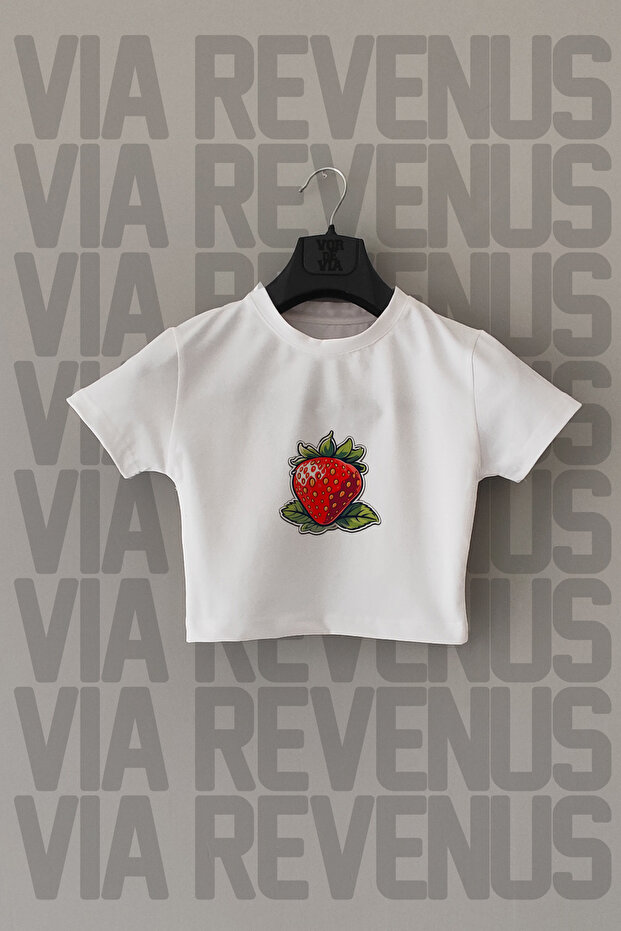 Strawberry Printed Slim Fit Crew Neck Stretch Fabric White Cropped