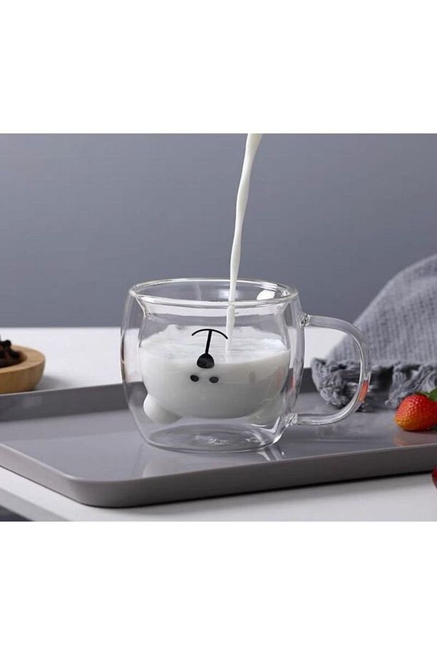 2'li Ayıcık Tasarımlı Çift Cidarlı Cam Kupa Bardak 250 Ml, Çift Cidarlı Kulplu Cam Kupa 2 Adet - 2