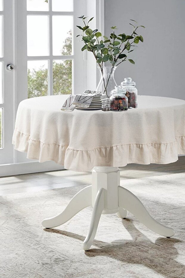 Natural Ruffle Tablecloth Vintage 130 Cm Round