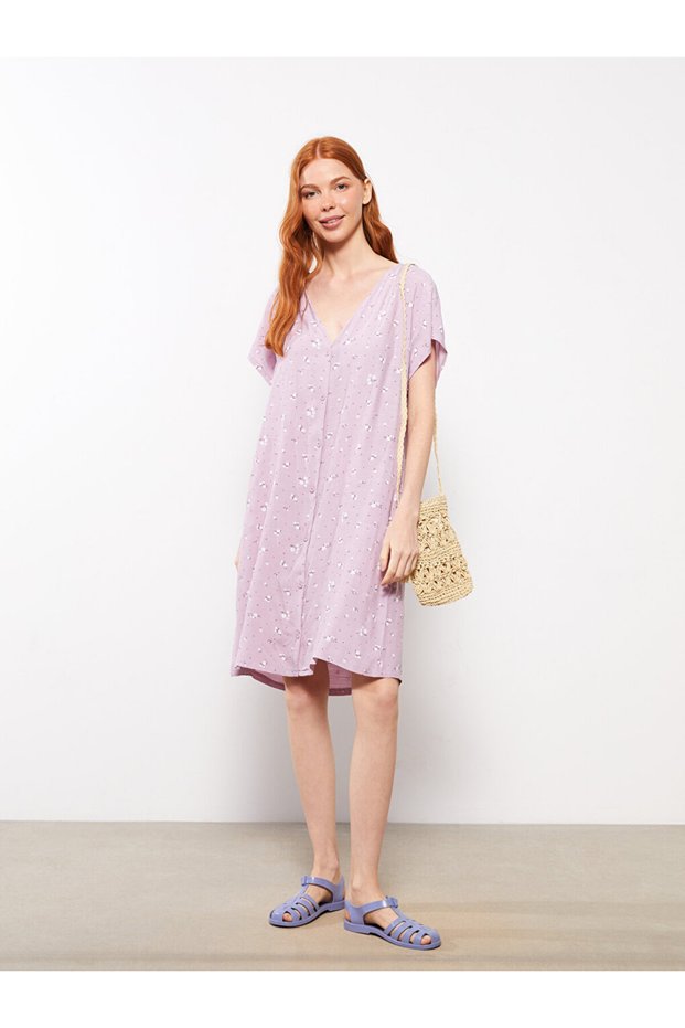 V-neck Floral Short Sleeve Viscose Women's Beach Dress