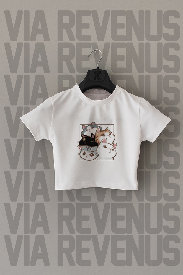 Cat Printed Slim Fit Crew Neck Stretch Fabric White Cropped