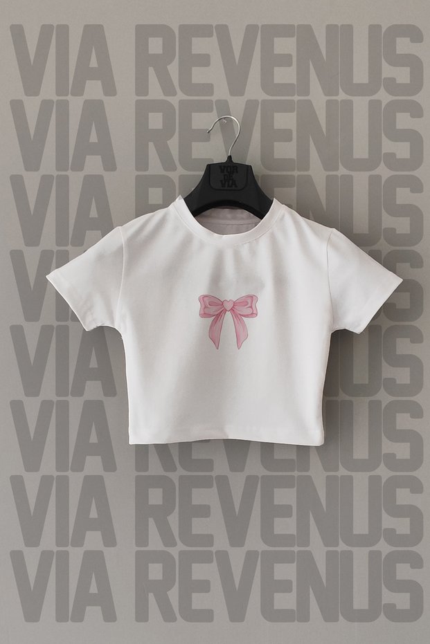 Ribbon Printed Slim Fit Crew Neck Stretch Fabric White Cropped 2024 Fashion Coquette
