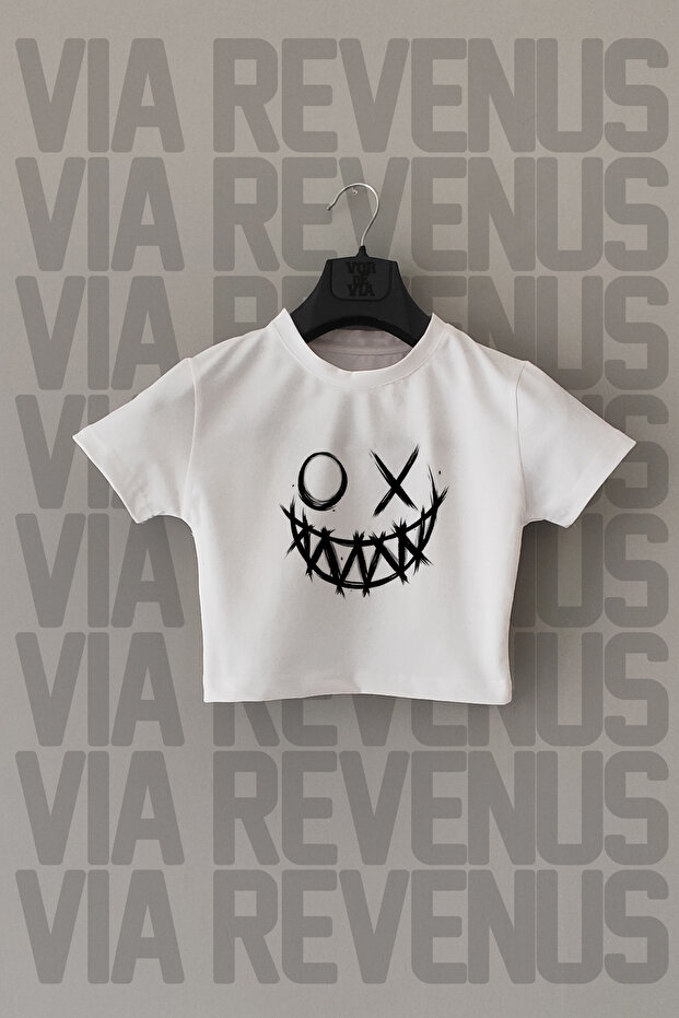 Smile Printed Slim Fit Crew Neck Stretch Fabric White Cropped