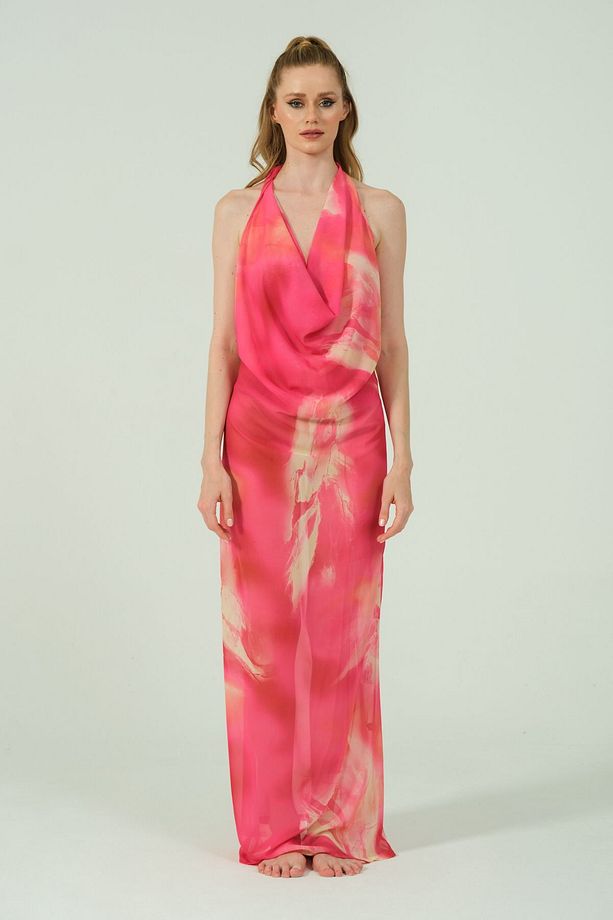 AURA Chiffon Astarlı Maxsi Degaje Detaylı Elbise - 3
