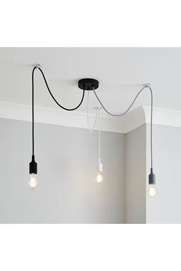 Beyaz Siyah Gri 3'lü Örümcek Ayaklı Sarkıt E27 Ampul Tutucu Aydınlatma - 1