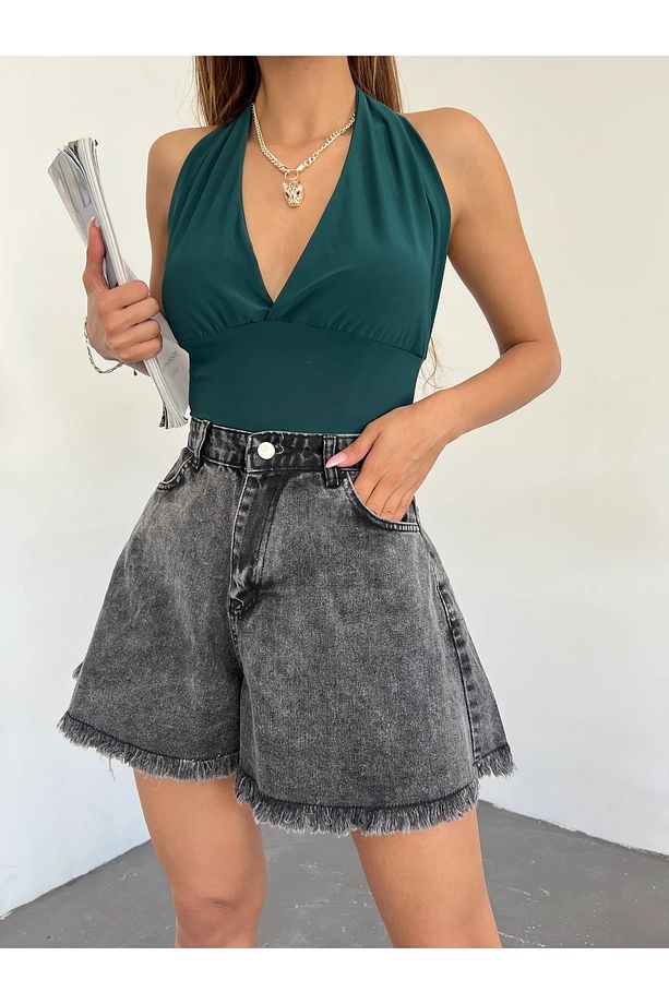 Trend Kar Yıkama Püsküllü Kot Denim Şort - 4