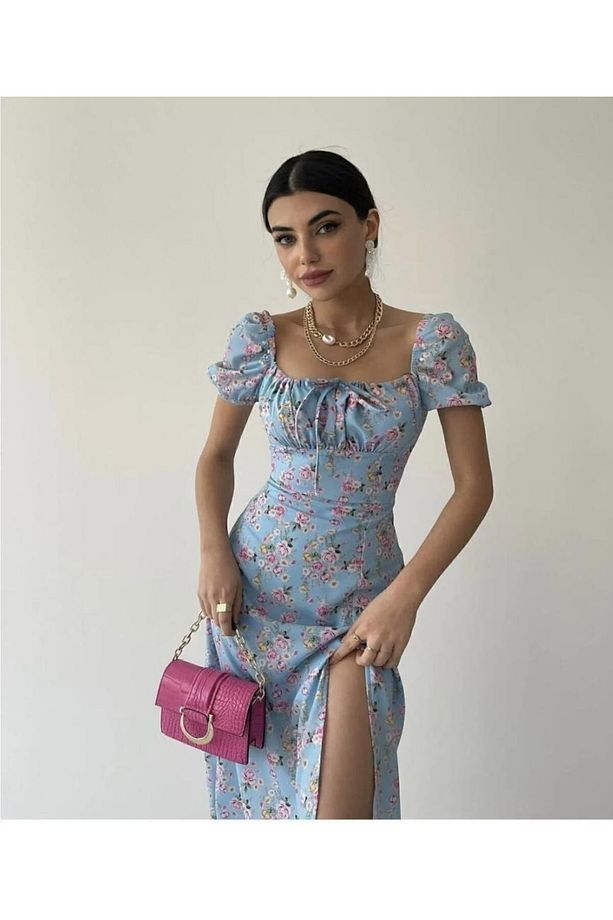 Mavi Pembe Çiçekli Midi Boy Yırtmaçlı Elbise - 2