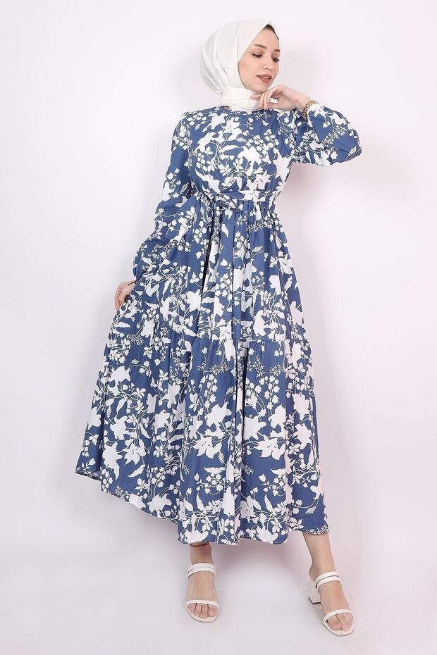 White Floral Flared Hijab Summer Dress