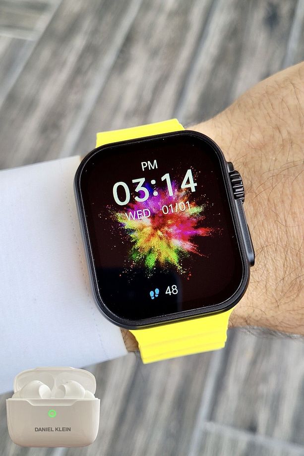 Android/ios Uyumlu Arama Özellikli Sarı Renk Kordonlu Akıllı Kol Saati ve Bluetooth Kulaklık - 6