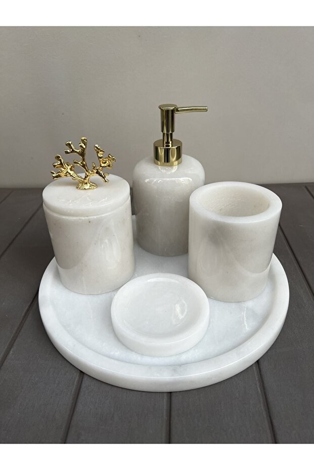 Figured Bathroom Set of 5 - 100% Natural Marble, White Gold