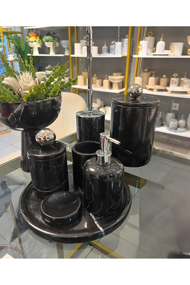 Decorative Natural Black Marbet / Accessory Detailed 8-Piece Marbet Bathroom Set / Marbet Bathroom Set