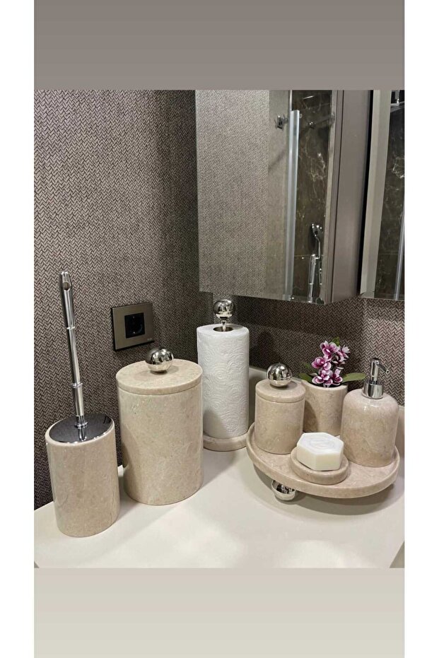 Decorative Natural Beige Marbroom / Accessory Detailed 8-Piece Marbroom Bathroom Set / Marbroom Bathroom Set
