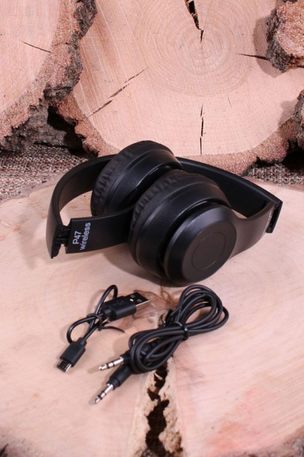 Bluetooth Katlanabilir Kablosuz Kart Girişli Radyolu Kulaklık P47 Siyah - 1