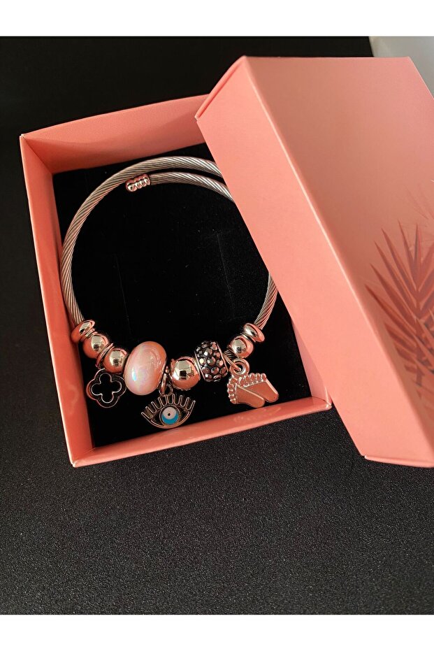 Pandor Charm Steel Bracelet Light Pink Footprint