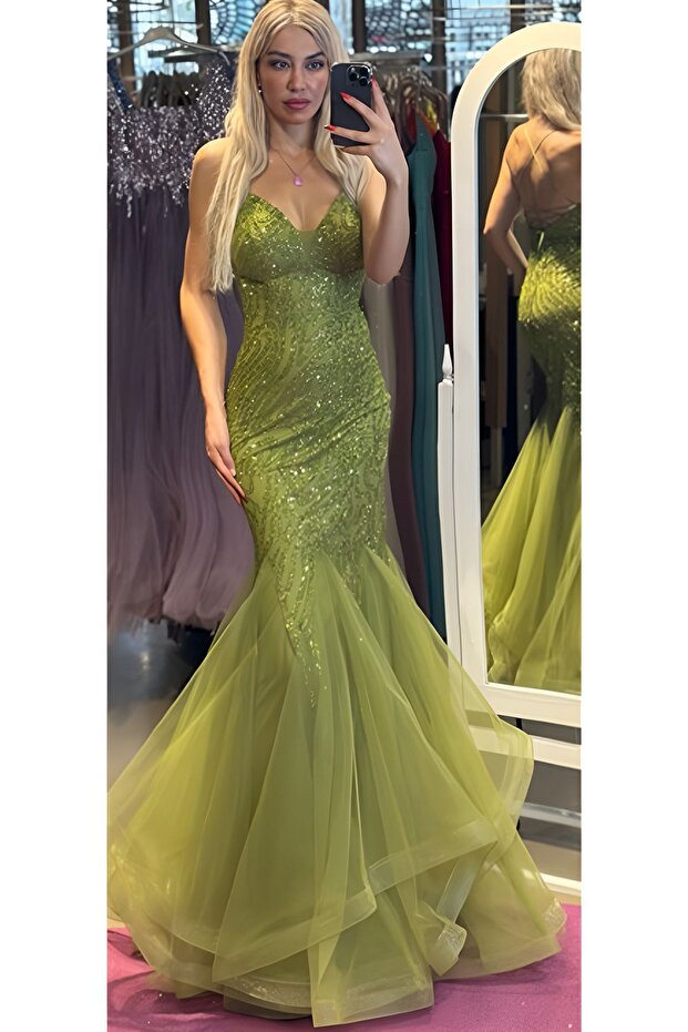 Women's Slim Fit Elegant Long Sequin Tulle Strap Back Low-cut Fishnet Evening Dress 72690