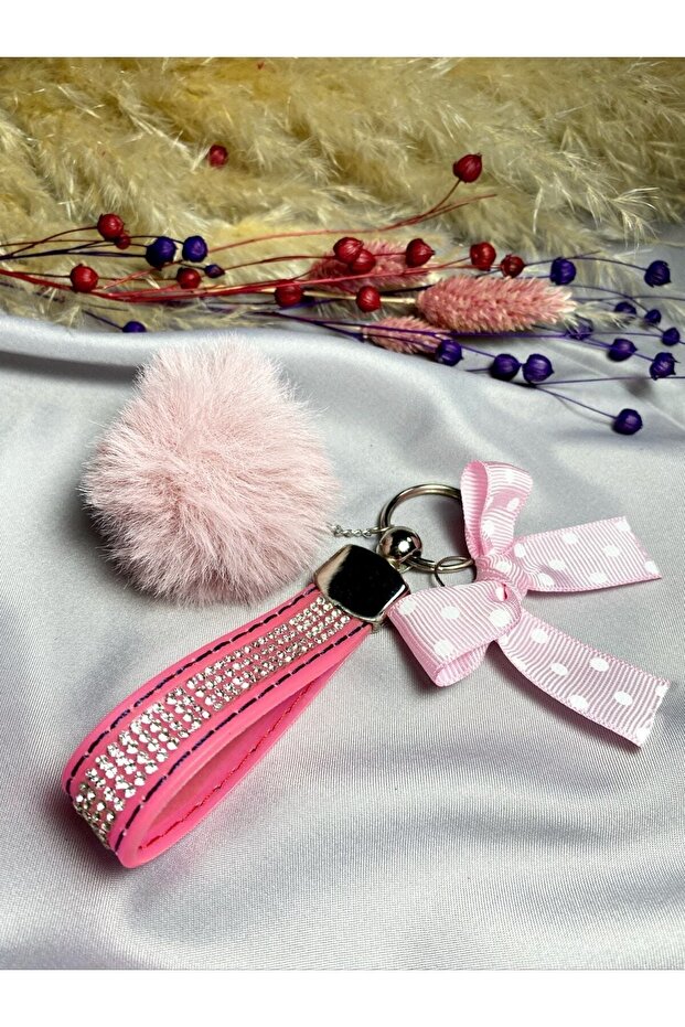 Stone Keychain, Pompom and Polka Dot Ribbon Set, Pink Color