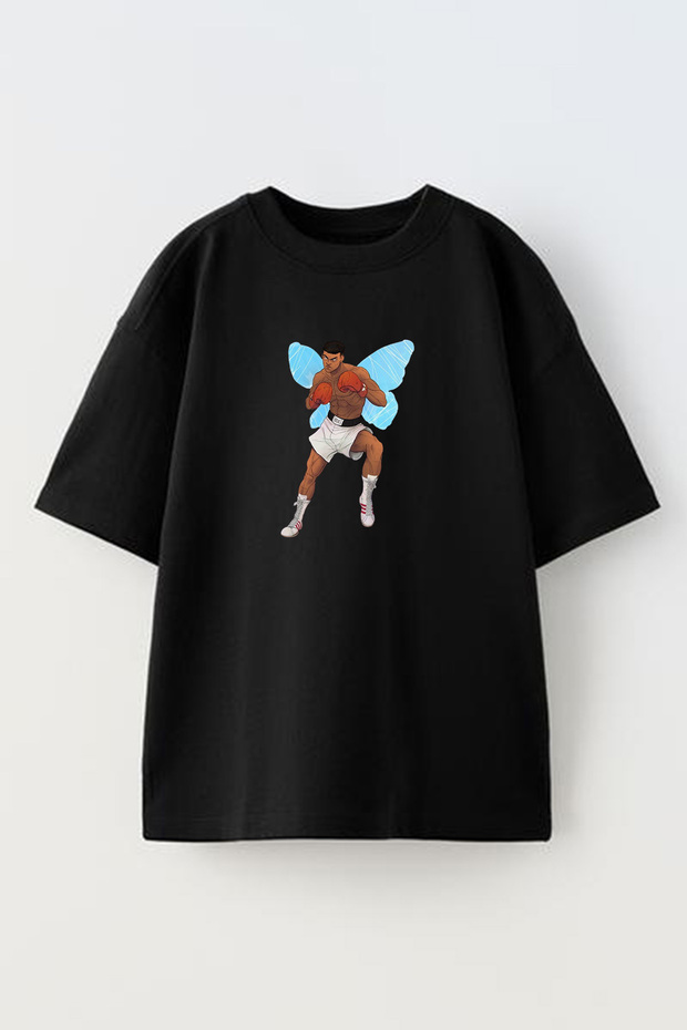 Unisex Black Oversized Cotton Butterfly Muhammad Ali Boxing Printed Knit t-shirt