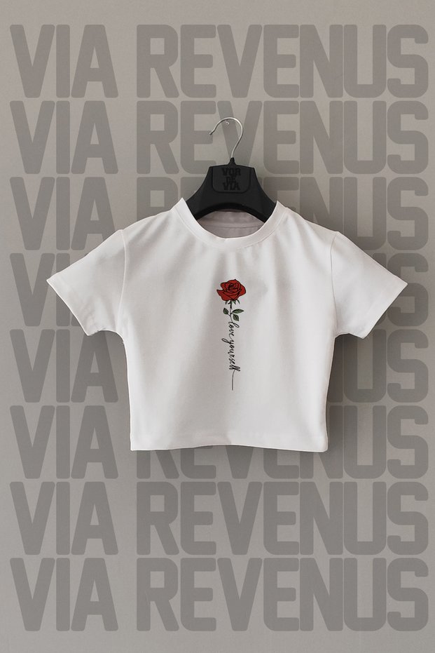 Love Yourself Printed Slim Fit Crew Neck Stretch Fabric White Cropped