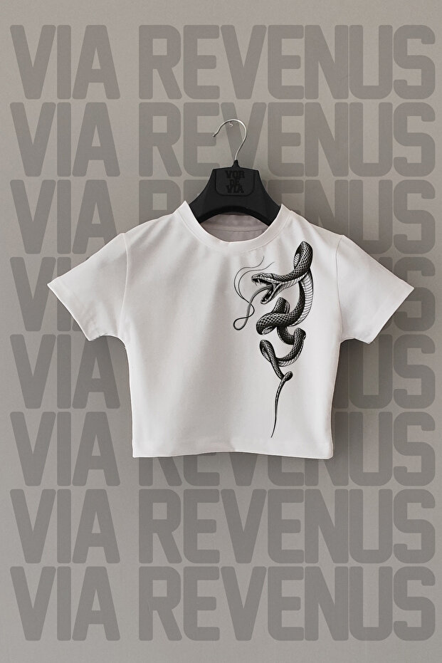 Snake Printed Slim Fit Crew Neck Stretch Fabric White Cropped