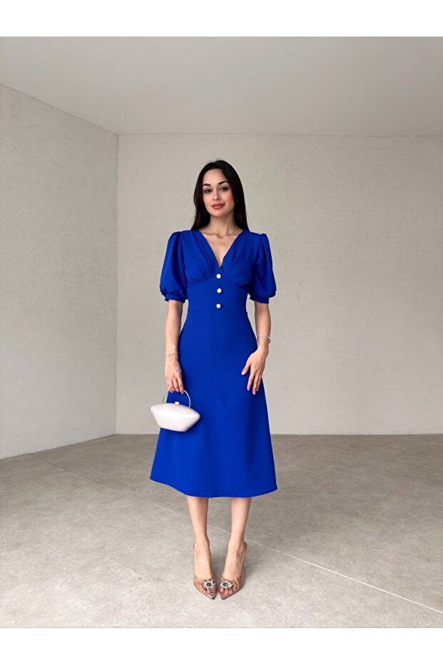 Pearl Button Detail Half Sleeve Midi Dress