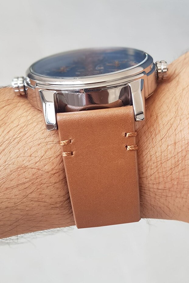 Çift Saatli Taba Deri Kayışlı Erkek Kol Saati - 2