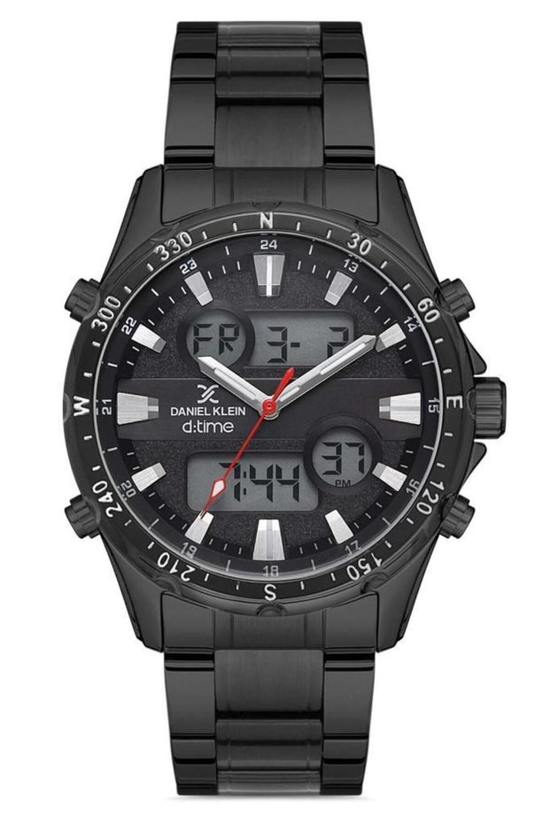 Black Digital/Analog Wristwatch with Alarm, Stopwatch, Lighted Steel Bracelet