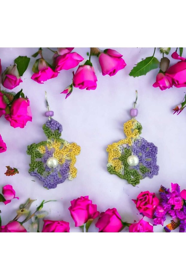 Handmade Knitted Ethnic Authentic Aesthetic Soft Vibes Vintage Pearl Beaded Gift Fan Earrings