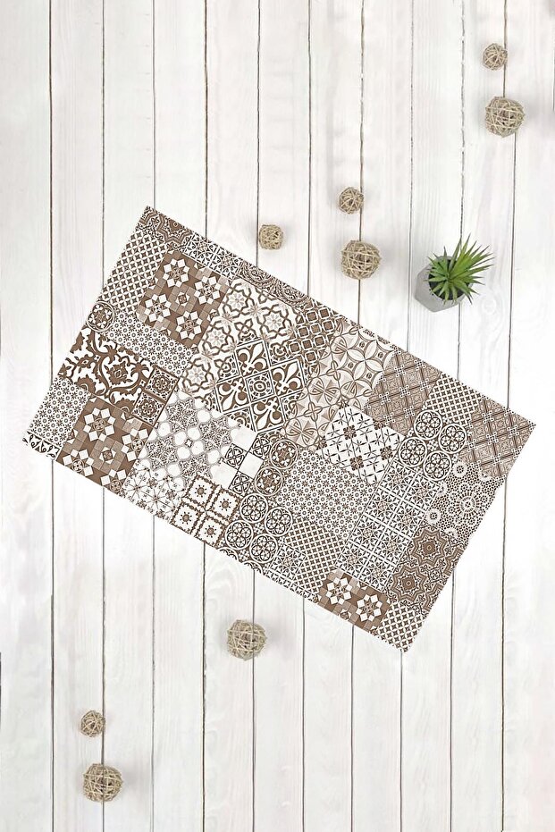 سجادة باب مزخرفة متعددة الأغراض بنمط مربع باللون البني الكريمي - 1