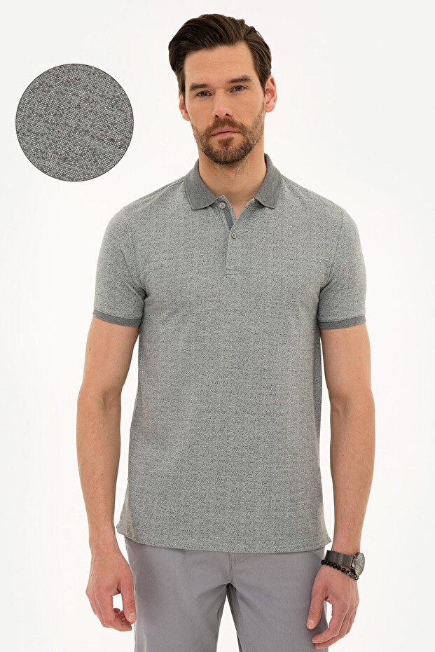Men's Gray Melange Slim Fit Polo Neck T-Shirt
