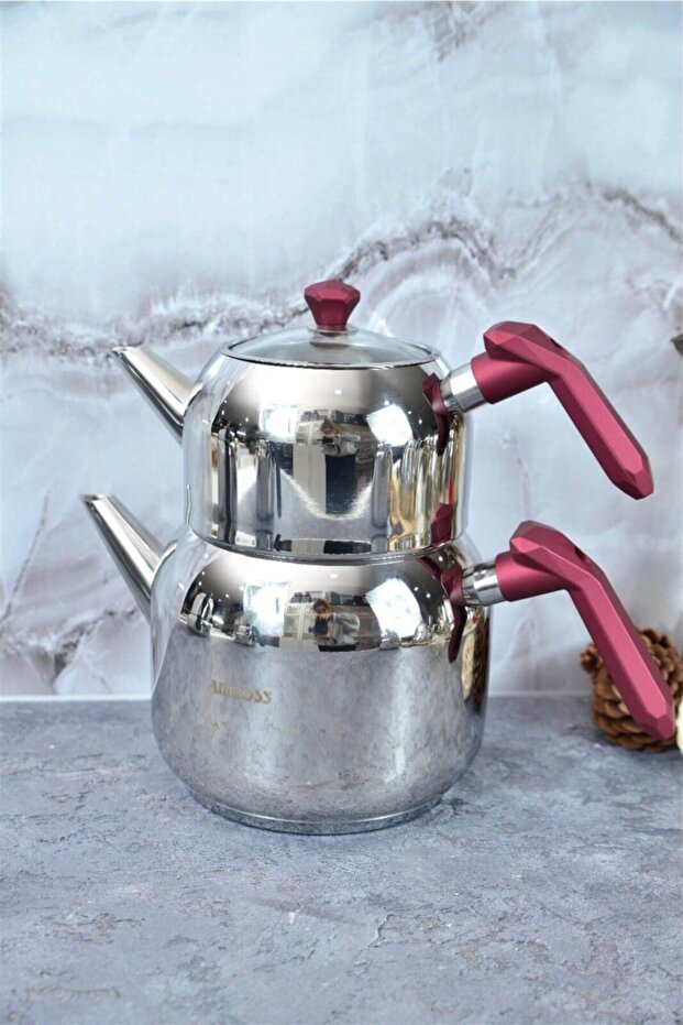 Opal Çelik Çaydanlık Seti - Orta Boy Bordo - 1