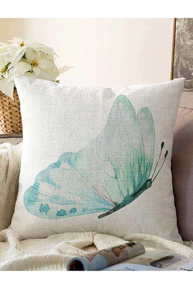 White Background Blue Butterfly Motif Digital Printed Modern Raschel Knitted Pillow Throw Pillow Cover