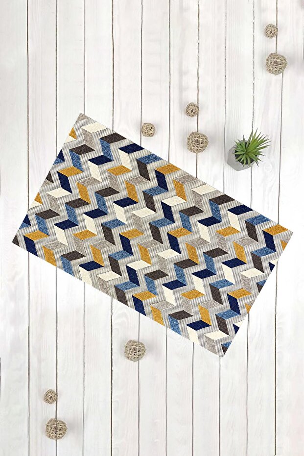 سجادة باب مزخرفة متعددة الأغراض بنمط متعرج باللون الأصفر والأزرق - 1