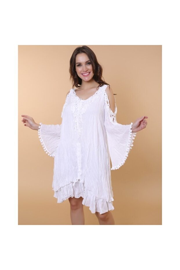 Authentic Voile Cotton Guipure Strap White Mini Dress with Opening Sleeves