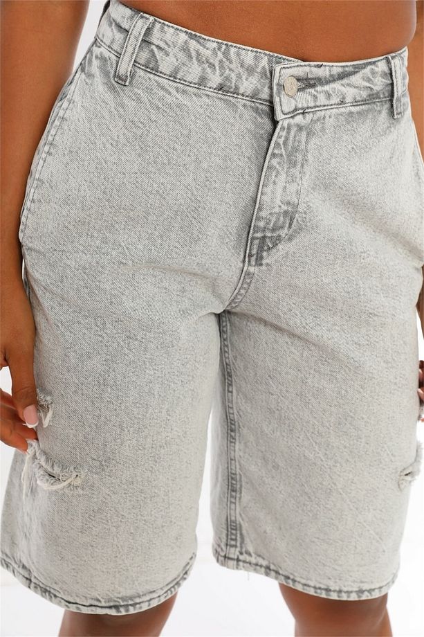 Kadın Lacivert Basic Denim Kar Yıkama Açık Gri Basic Şort - 4