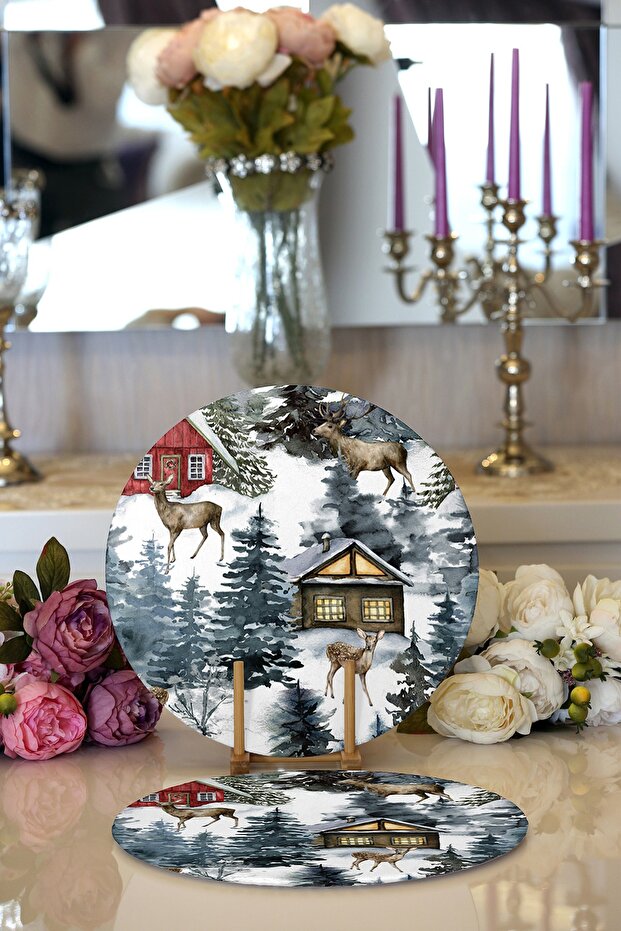 2-Piece Vineyard House Designed Winter Themed Digital Printed Decorative Round Plate & Placemat