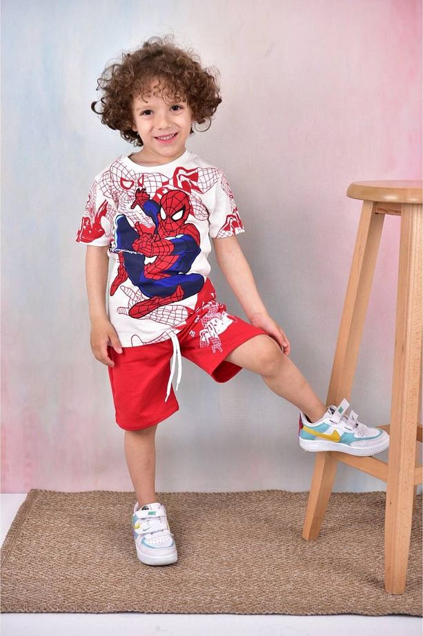 Spiderman Temalı Bej Çocuk Tişört ve Şort Takımı - 1