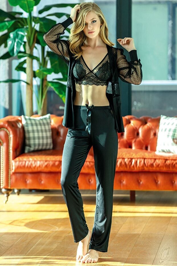 Lace Bralet Dressing Gown Trousers 3-Piece Pajama Set New Season