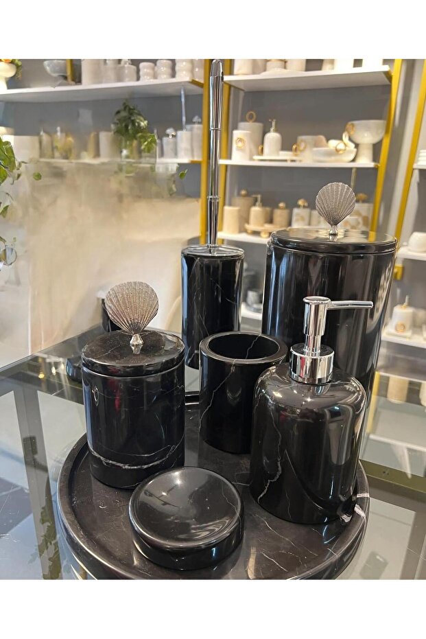 Decorative Natural Black Marbroom / Accessory Detailed 7-Piece Marbroom Bathroom Set / Marbroom Bathroom Set