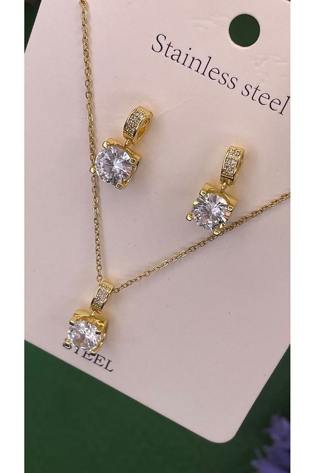 Çelik Gold Baget Kolye Küpe Set - 1