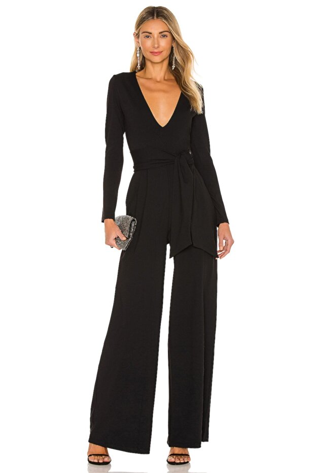 Women's Black V-Neck Silk Jersey Jumpsuit