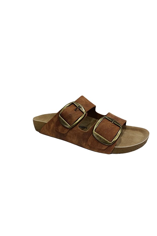 6958 Tan Double Buckle Women's Slippers
