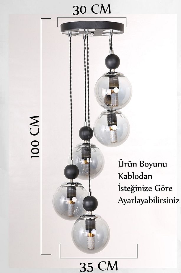 Misket 5'li Siyah Krom Füme Camlı Sarkıt Avize - 5