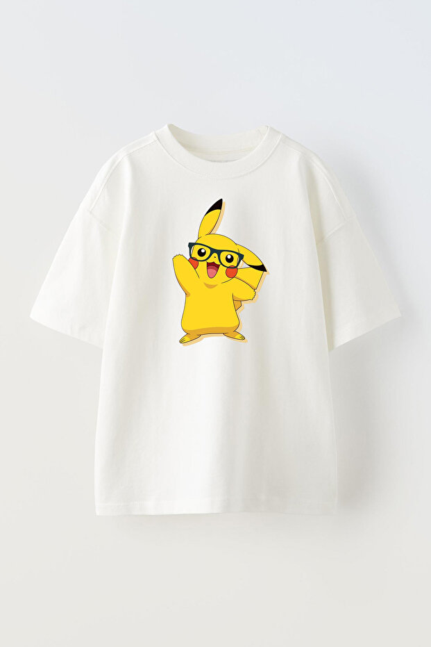 Unisex White Oversized Cotton Knitted t-shirt with Pikachu Glasses Knit