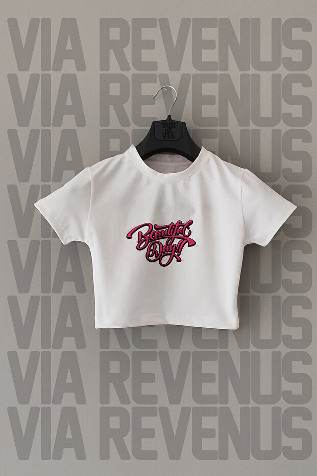 Beautiful Day Printed Narrow Fit Crew Neck Lycra White Crop