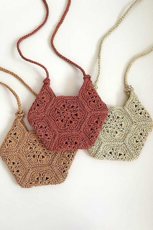 Straw Crossbody Bag, Crisscross Straps Bag, Summer Bag, Knitted Bag, Custom Designed Bag , Terracotta Color Color