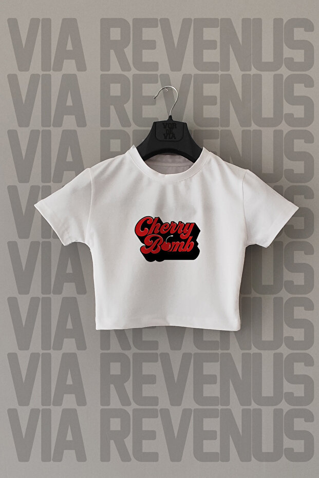 White Lycra Cherry Bomb Printed Skinny Crop Top - Crew Neck