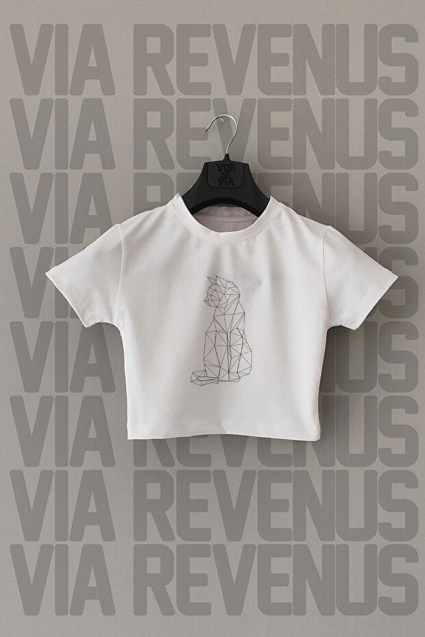 Cat Printed Slim Fit Crew Neck Stretch Fabric White Cropped