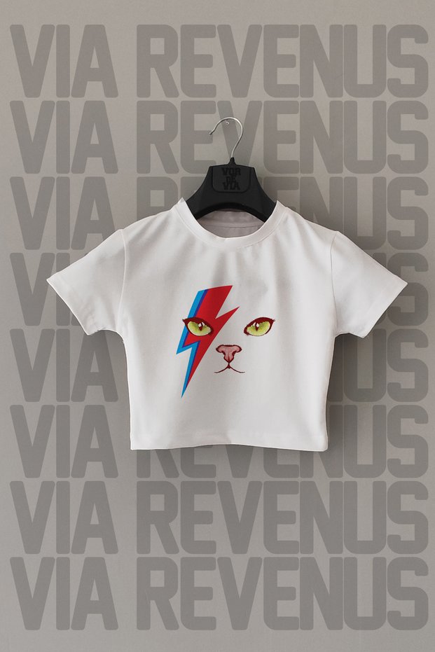 Cat Printed Slim Fit Crew Neck Stretch Fabric White Cropped
