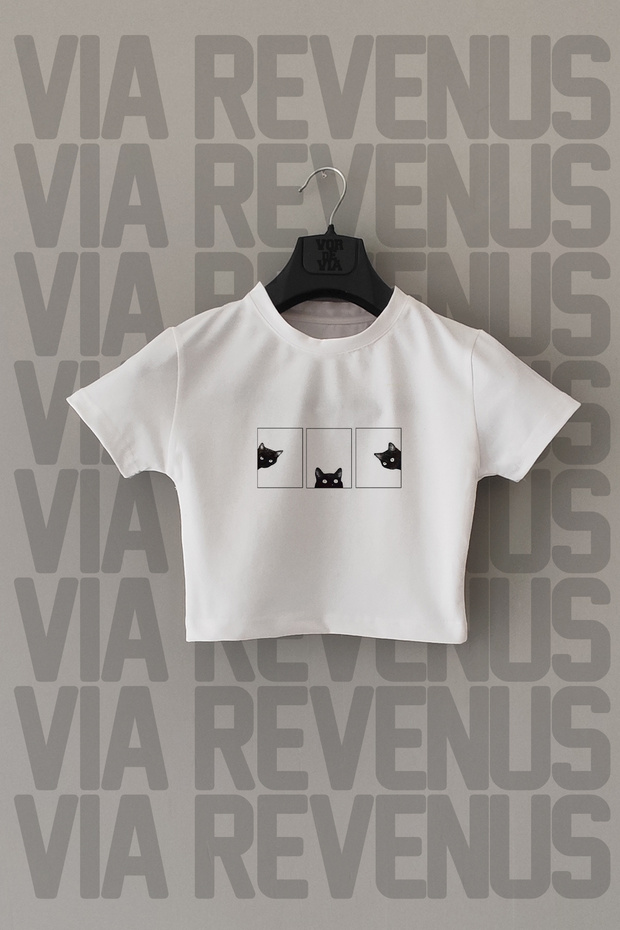 Cat Printed Slim Fit Crew Neck Stretch Fabric White Cropped